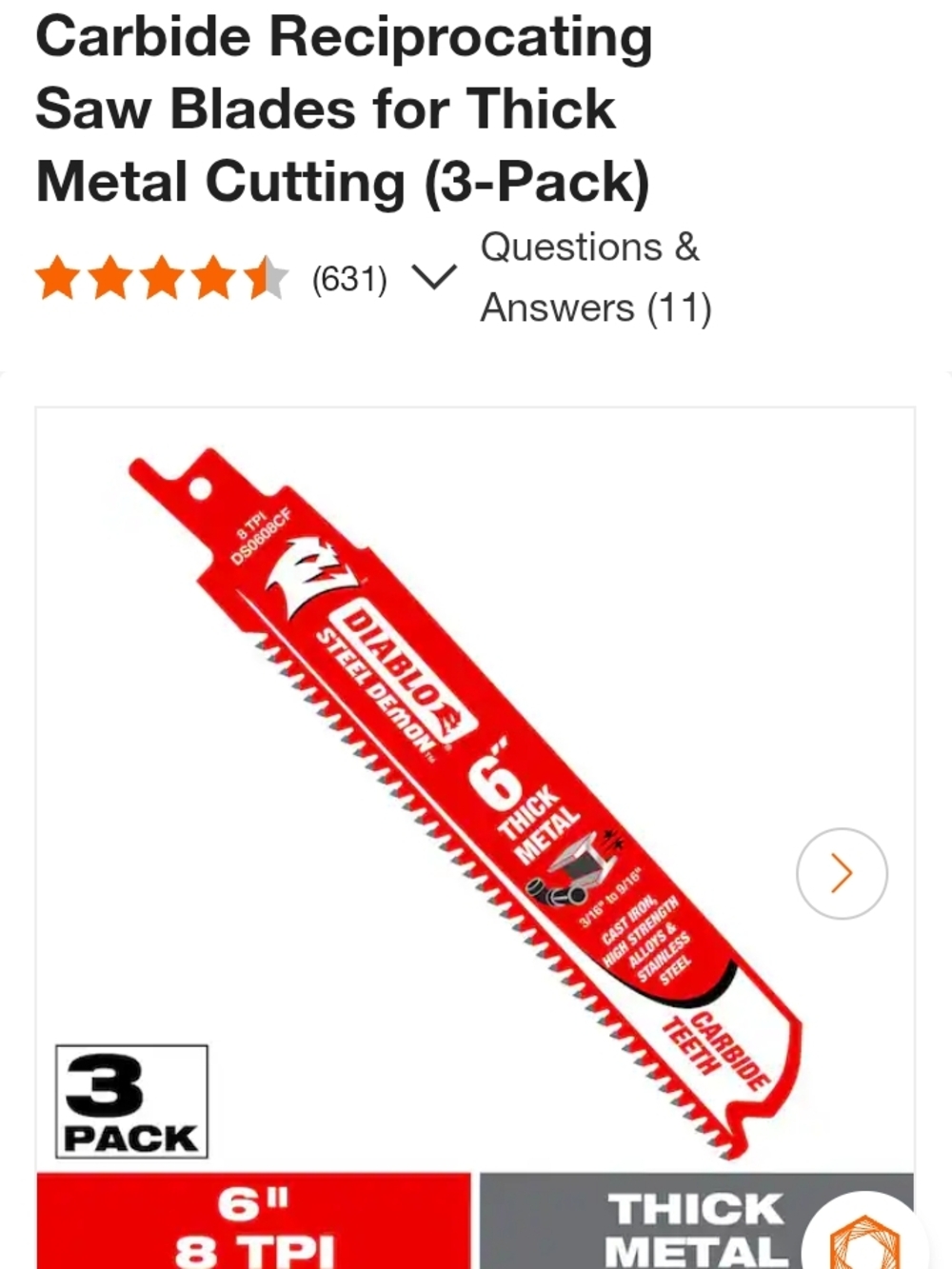 Diablo NIB 6" Red Carbide Reciprocating Saw Blades - 3-Pack